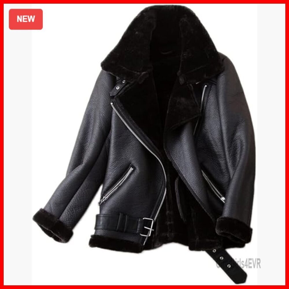 Faux Shearling Moto Jacket, Thick Lined Parka, Leather Style, Size Large